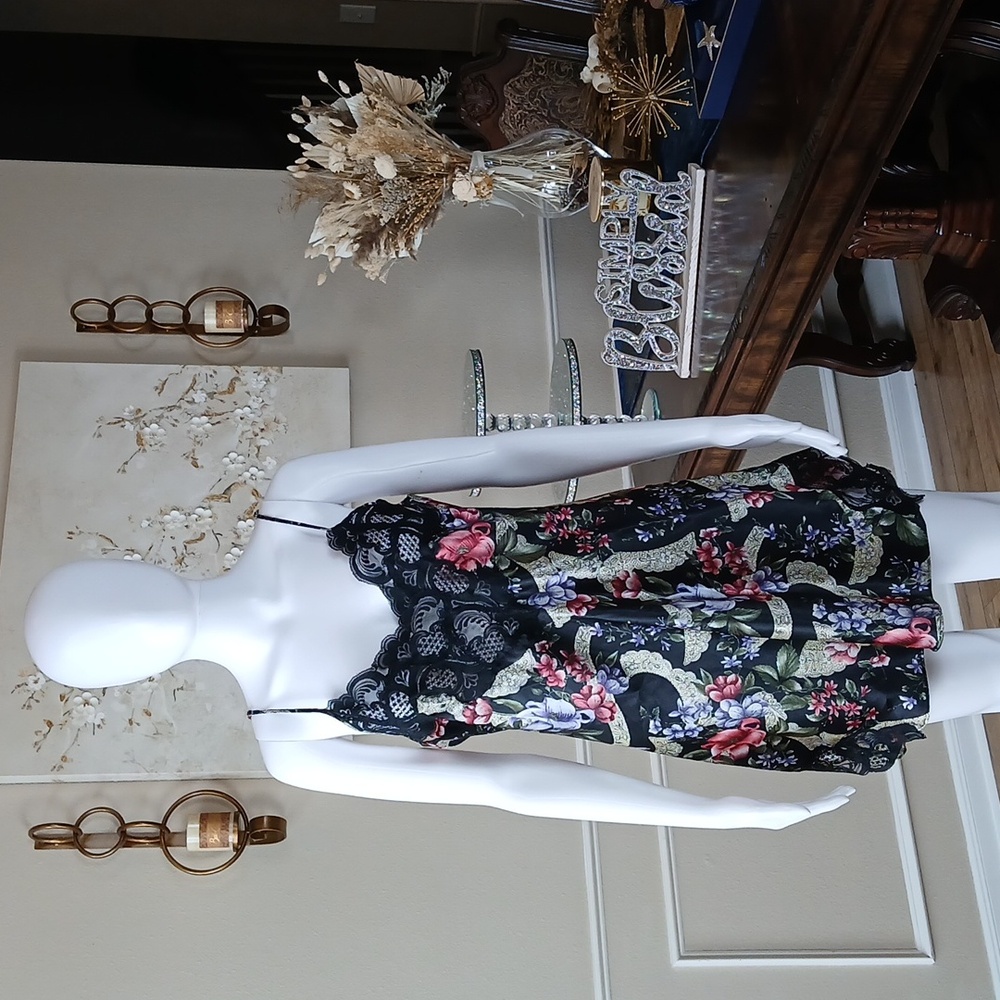 Victoria's Secret Pure Seduction Black Floral Lace Illusion Slip Mini Dress. L